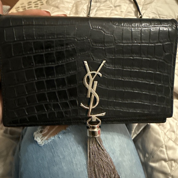 Calfskin Crocodile Embossed Classic Monogram Kate Tassel Satchel Black - Picture 1 of 4